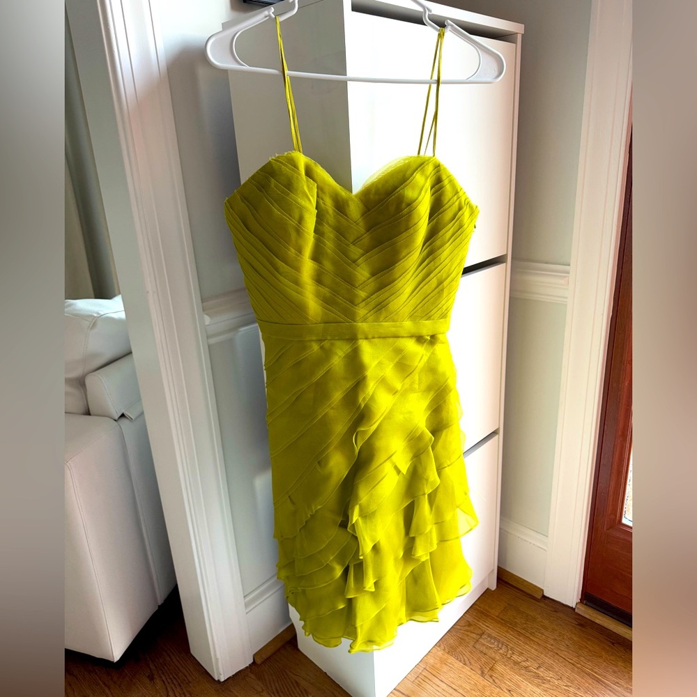 Theia Couture raw edge layered green dress with corset built in size 6
